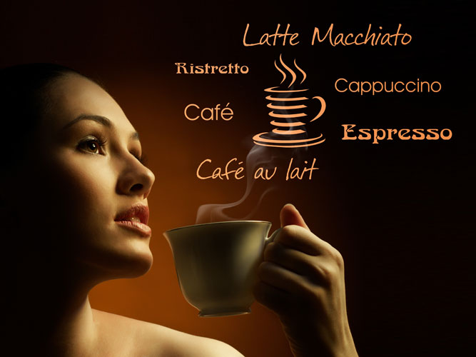 Wandtattoo mit den Begriffen Latte Macchiato, Esspresso, Cappuccino etc.