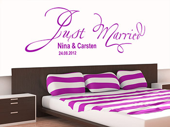 Just married Wandtattoo mit Name und Datum in pink