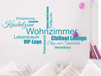 Bunte Wanddekoration im Wohnzimmer: Begriffe in Trkis
