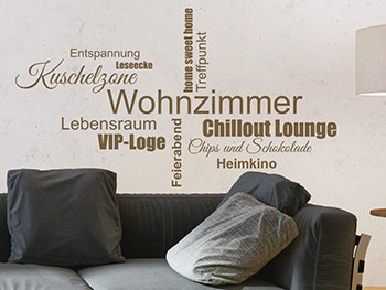 Wohnzimmer Begriffe als Wandtattoo ber der Couch