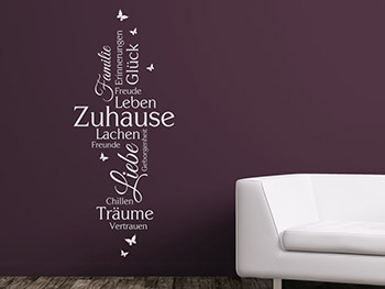 Wandtattoo Zuhause Worte mit Schmetterlingen in weier Schrift