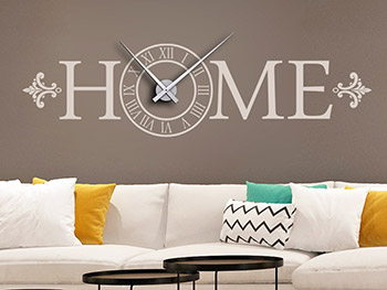 Wandtattoo Uhr mit Schrift Home auf brauner Wand