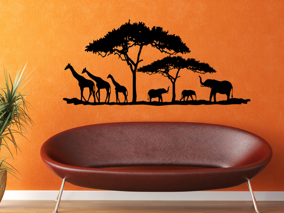 Wandtattoo afrikanische tiere in der savanne mit giraffe & elefant