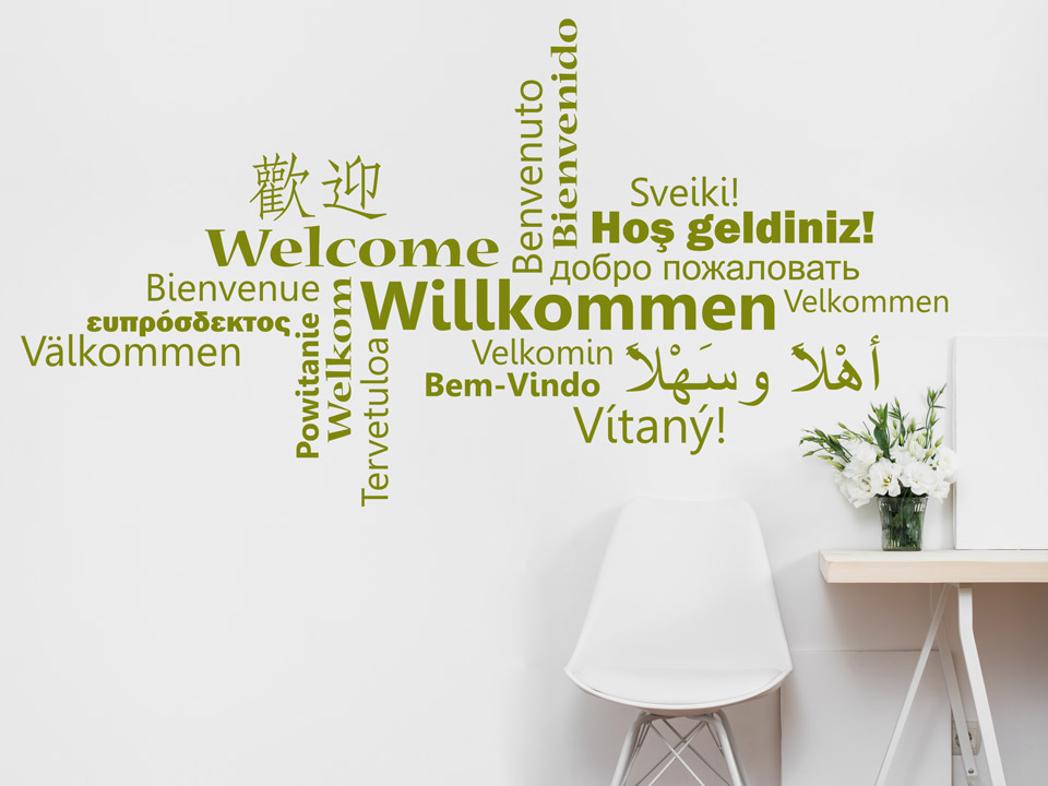 Wandtattoo Willkommen weltweit Wortwolke